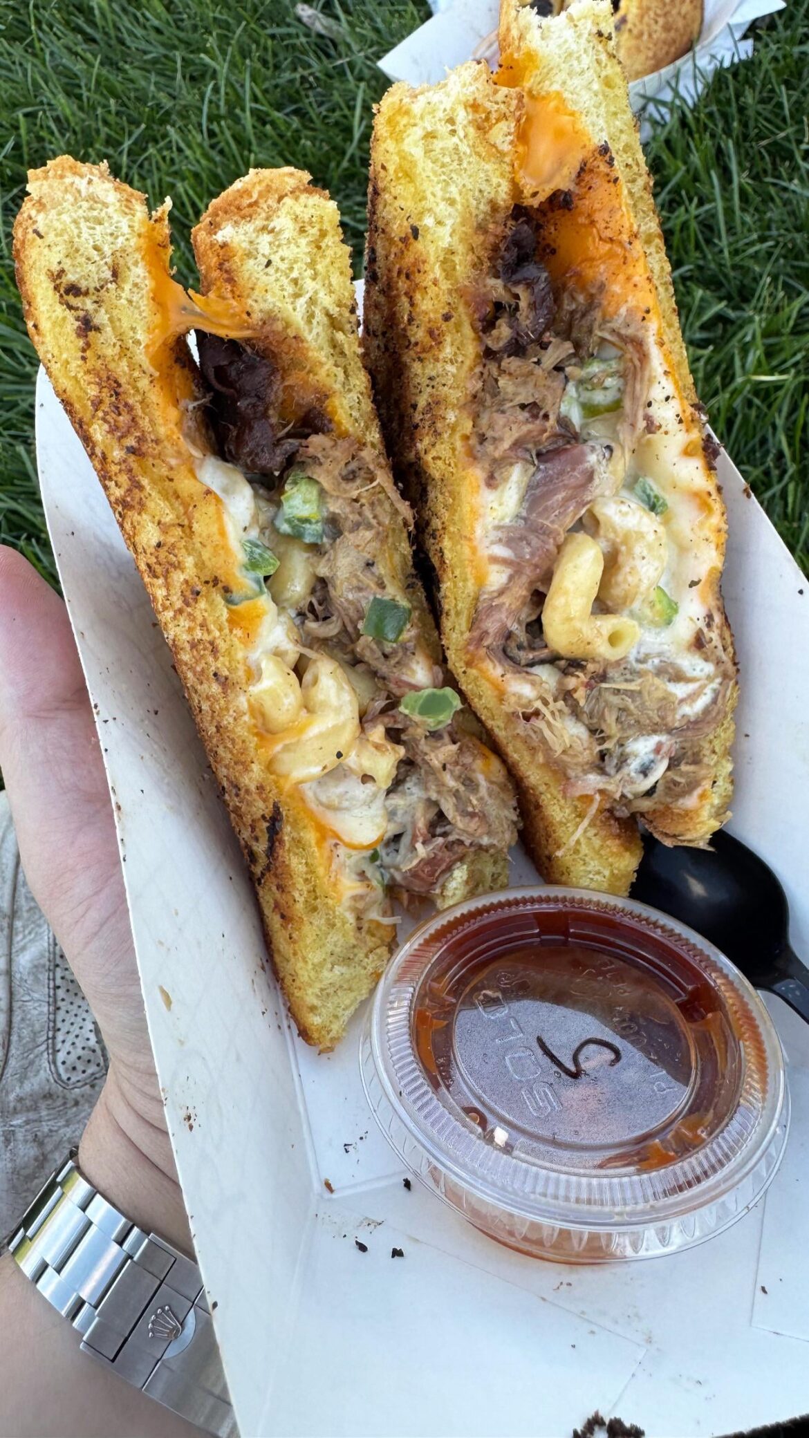 Barbecue pulled pork grilled cheese with jalapeño cream cheese and mac