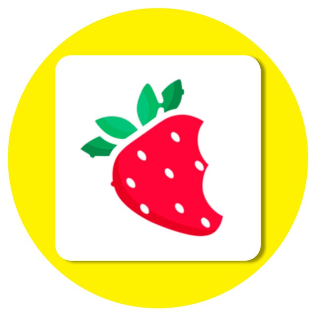 strawberry with a bite taken out set against a bright yellow background