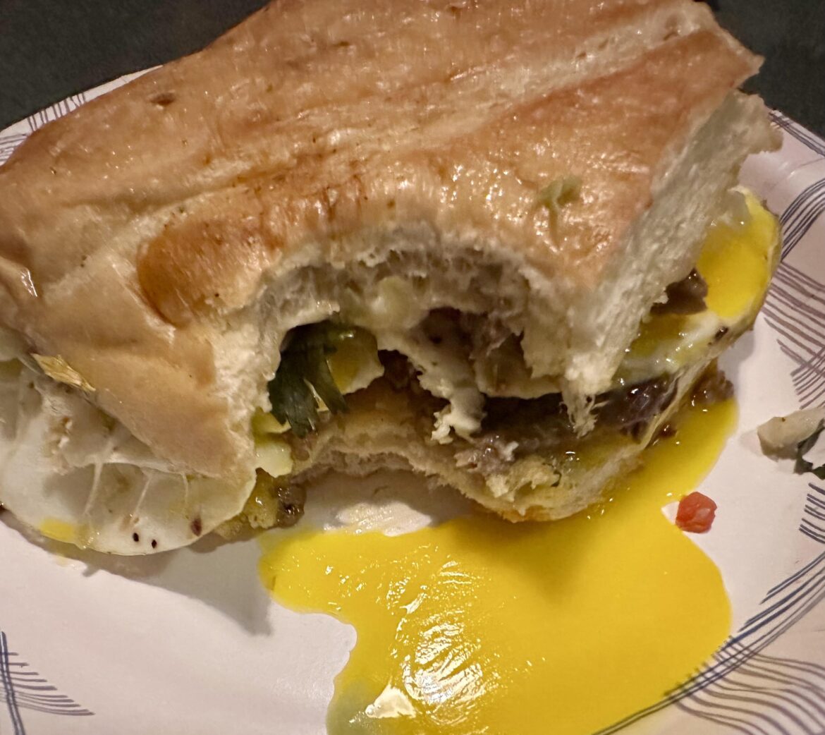 Leftover steak torta from a local food truck…. With an egg on it.