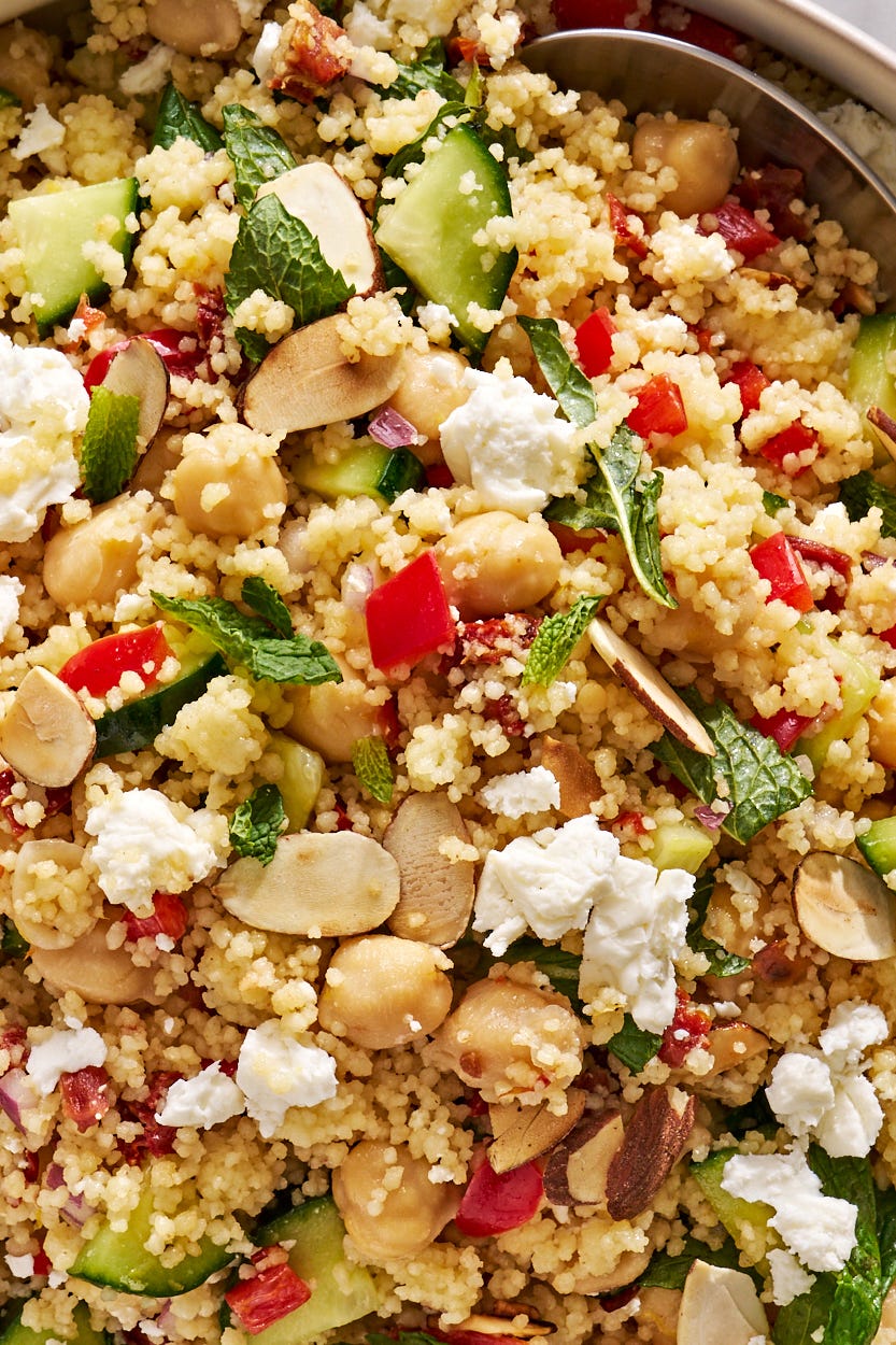 summer couscous salad with feta, chickpeas, and fresh mint