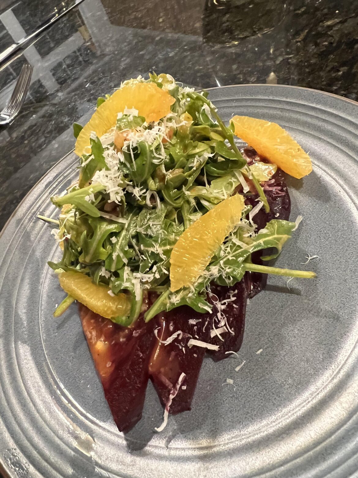 Open to criticism on how to better showcase the color and overall presentation of this dish. (Raddichio and Arugula Salad with Orange Segments)