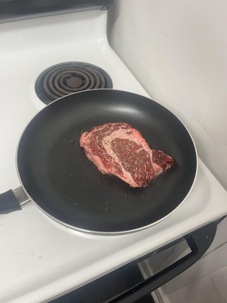 Actually got some crust on it this time… was definitely still frozen in the middle when I stuck it on the pan though. Got my money’s worth