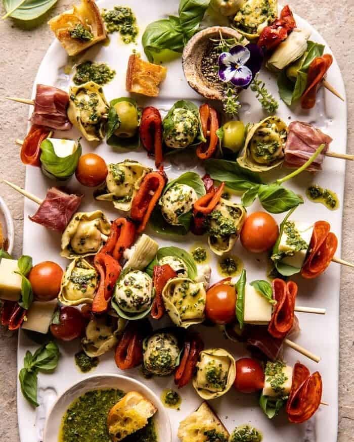 antipasto tortellini skewers with herb dressing