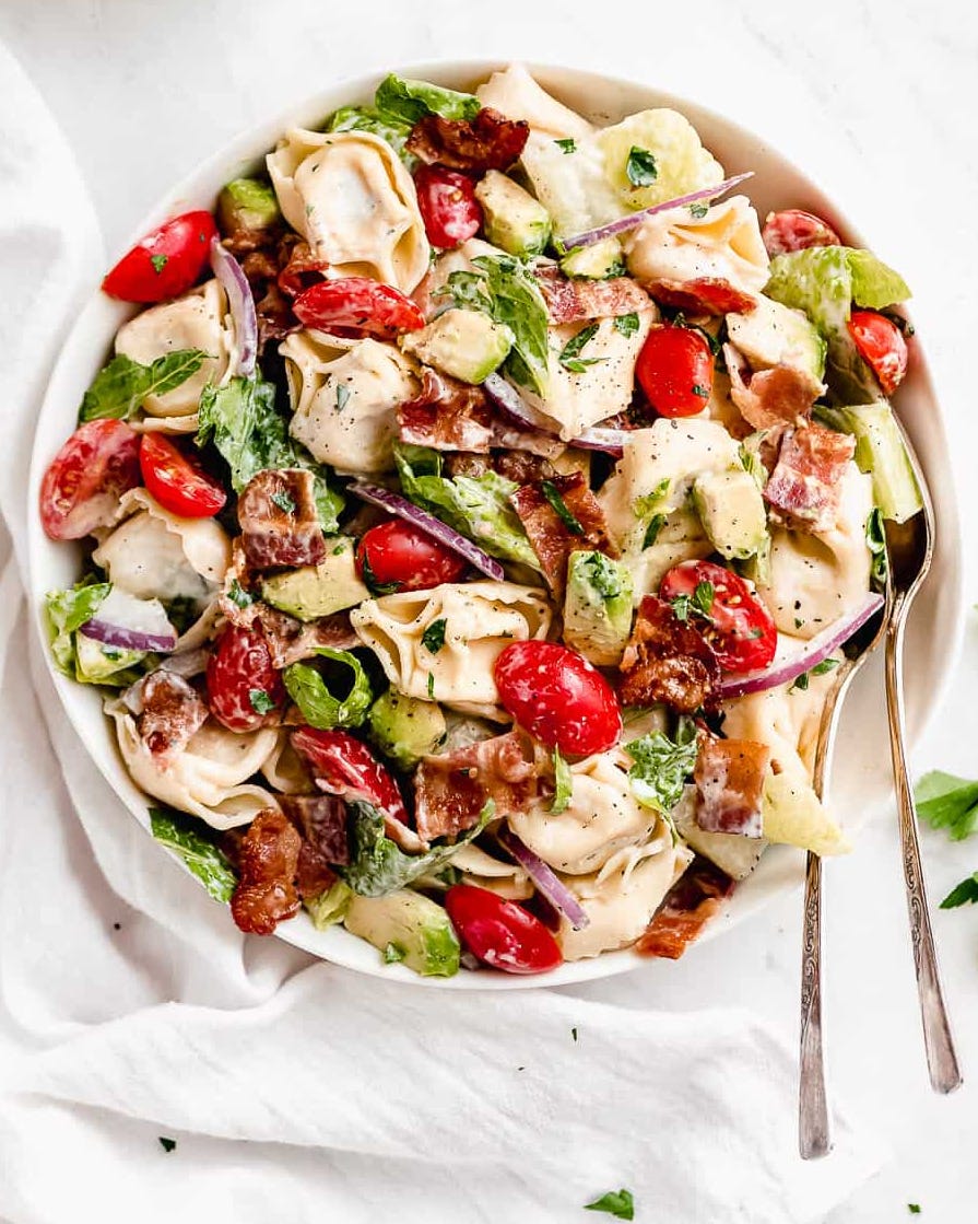 blt tortellini pasta salad with tomatoes avocado bacon overhead