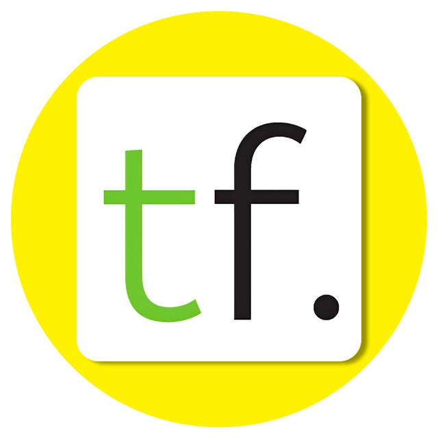 logo featuring stylized letters tf within a square set against a circular yellow background