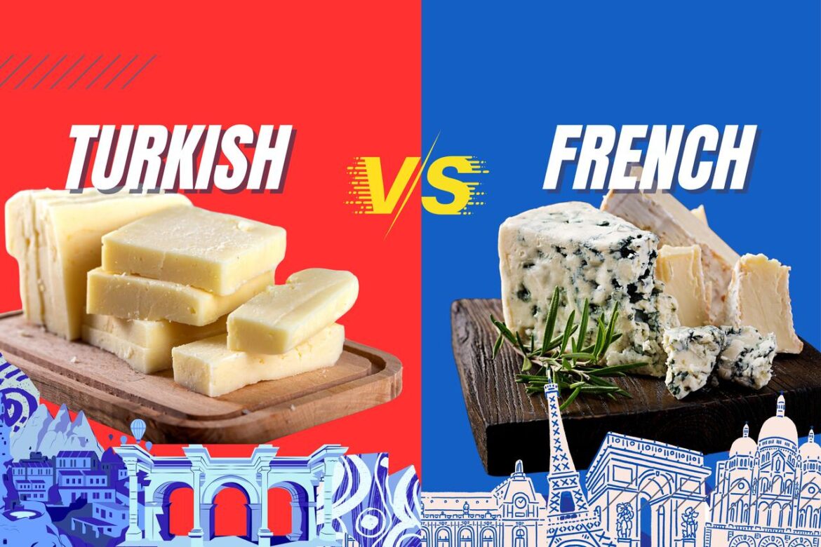 Türkiyes tulum cheese on a wooden board on the left; Frances camembert and dorblu cheese on a wooden board on the right, May 17, 2025. (Photo collage by Koray Erdogan/Türkiye Today)