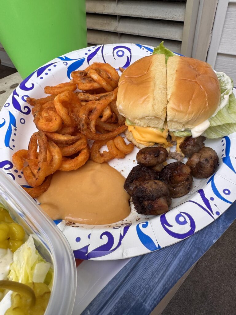 Hubby made burgers with curly fries && my personalized salad