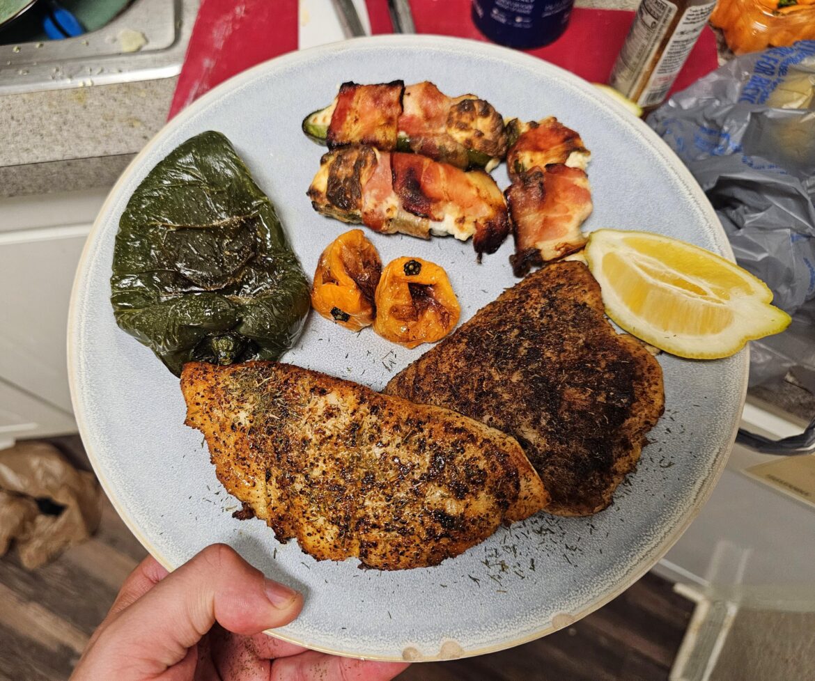 Creole blackened red snapper, jalapeño poppers with habanero chunks I put into the cream cheese, and roasted poblanos and habaneros.