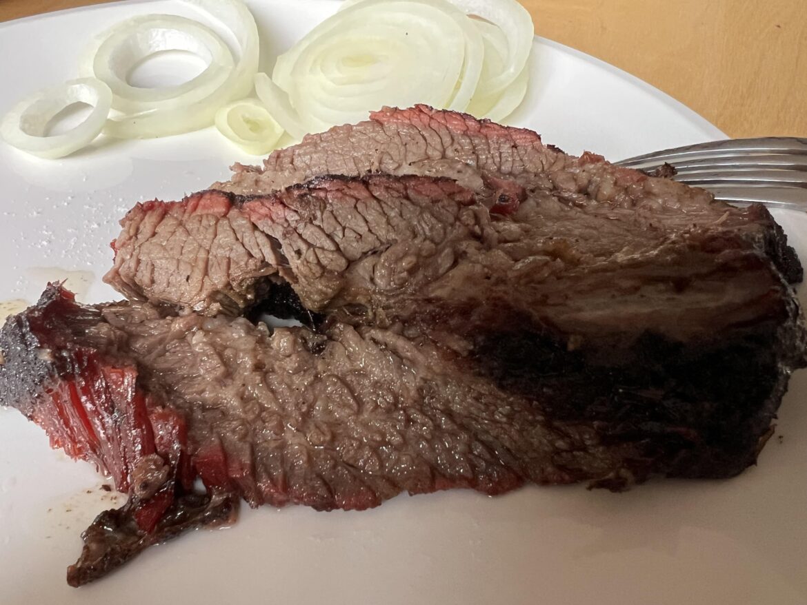 Wife bought a 3lb brisket from Trader Joe’s for Easter pot roast… never made it. So I smoked it on the kettle instead. Not mad about it.