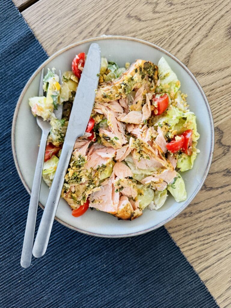 herby roasted salmon and cold potato salad