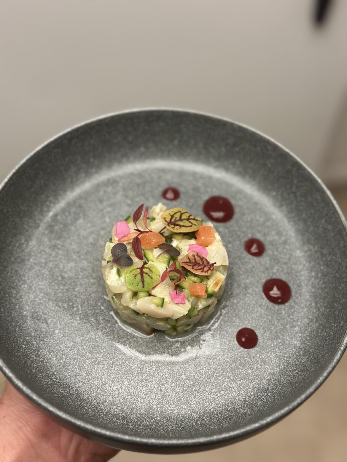 California White Seabass Tartare | Passionfruit-Lemon Cure, Grapefruit, Pomegranate Gel