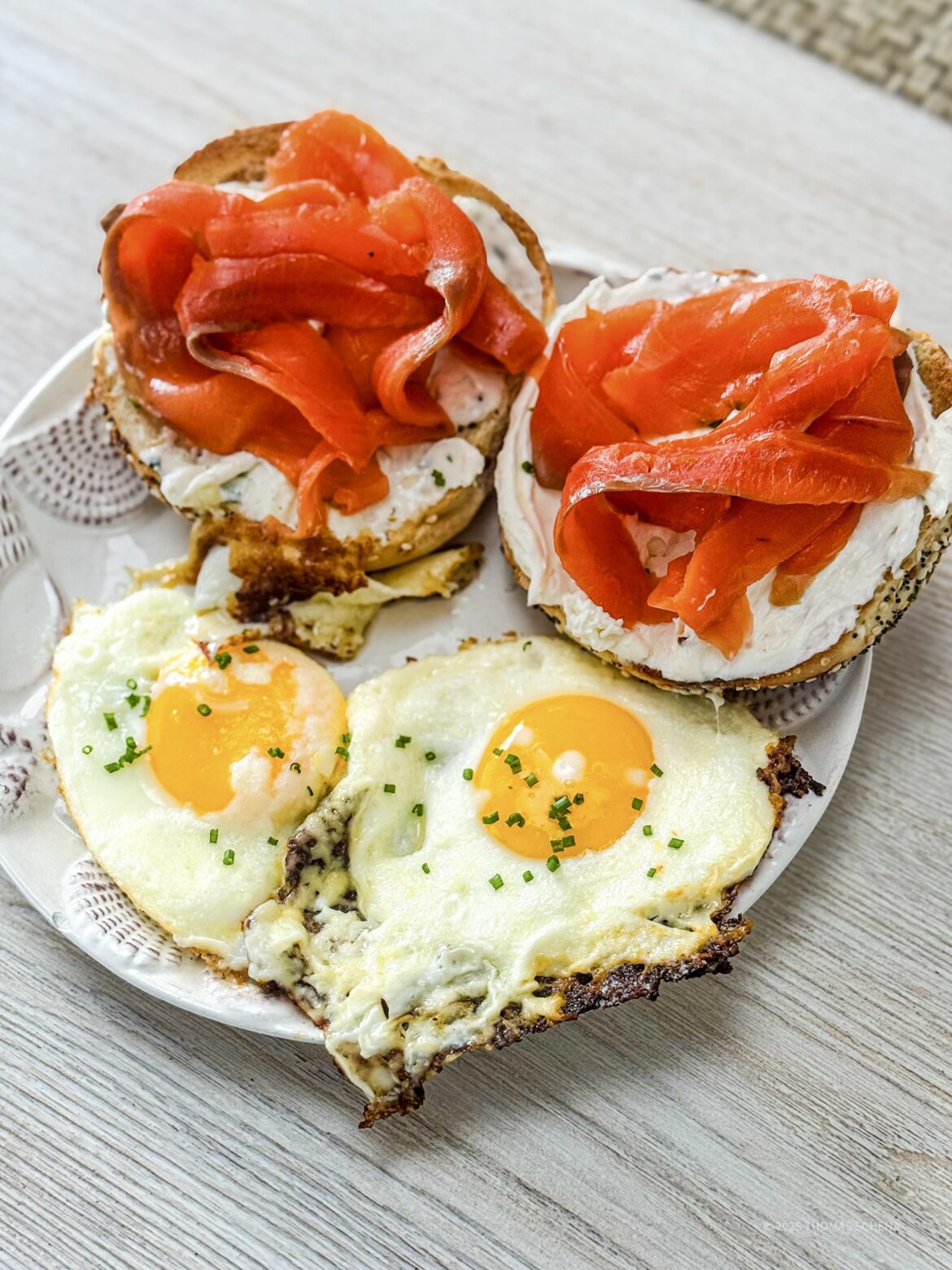 Cream Fried Eggs and Bagel with Lox [oc]