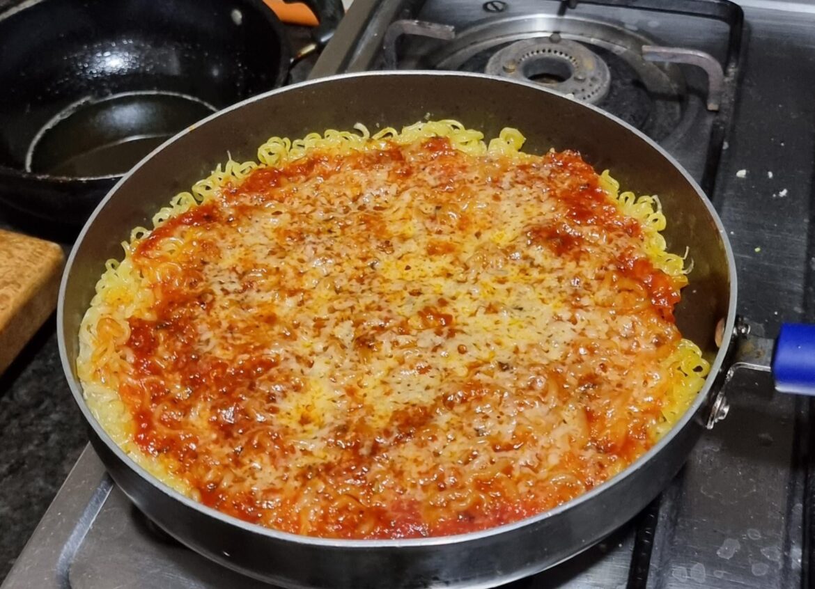 The result of me acting on my idea to make a "ramen pizza"