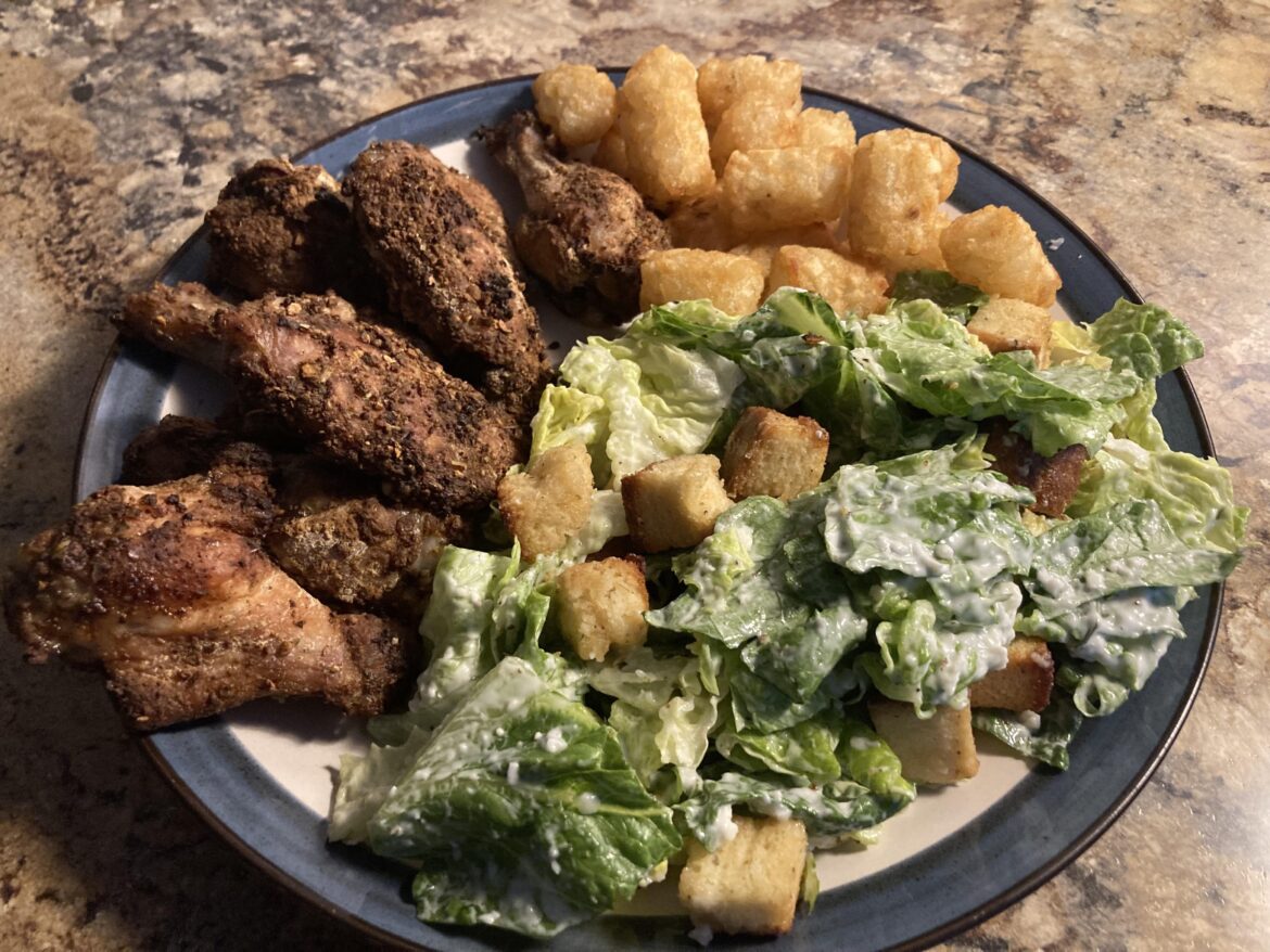 Argentinian Chimichurri Spice Dry Rub Wings w/ Caesar Salad + Tots