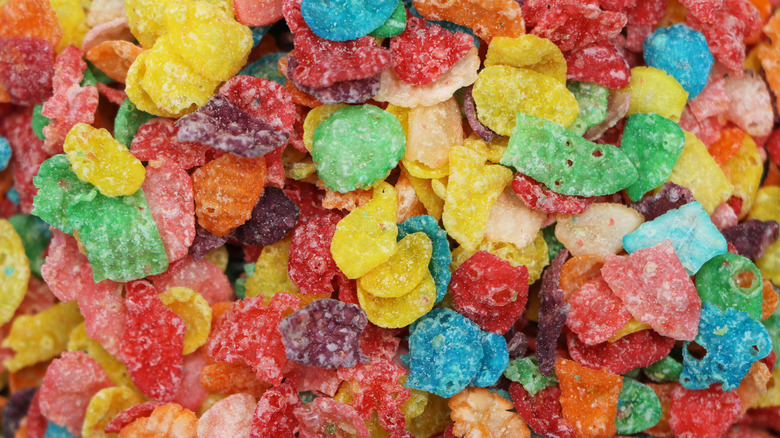 A very close-up shot of Fruity Pebbles cereal