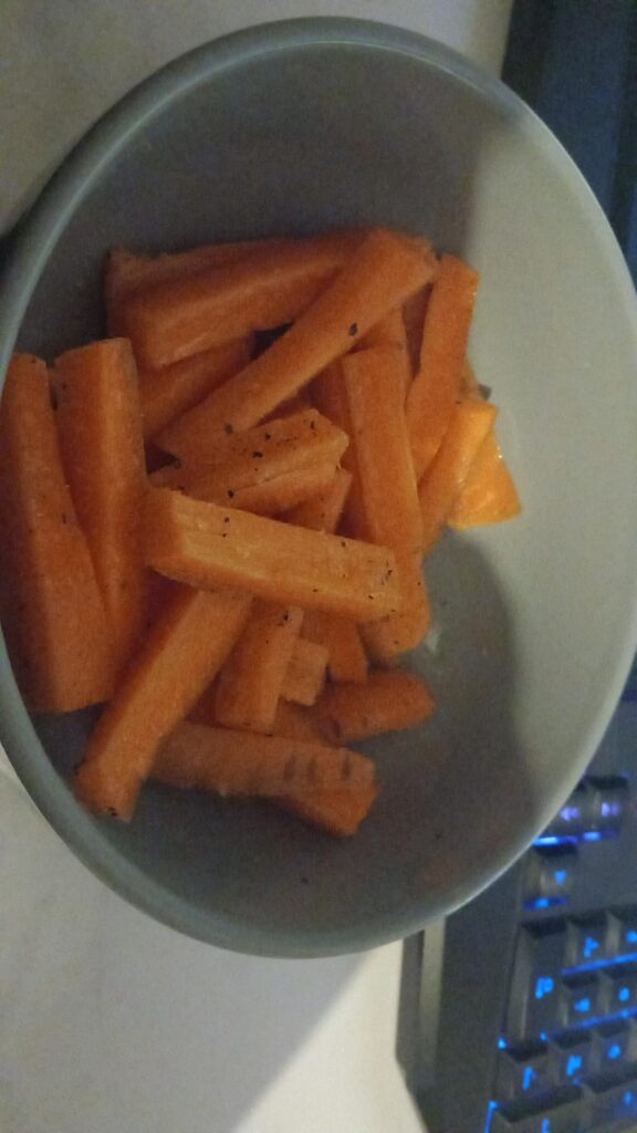 3 entire carrots with salt pepper and some juice from a jalapeño jar