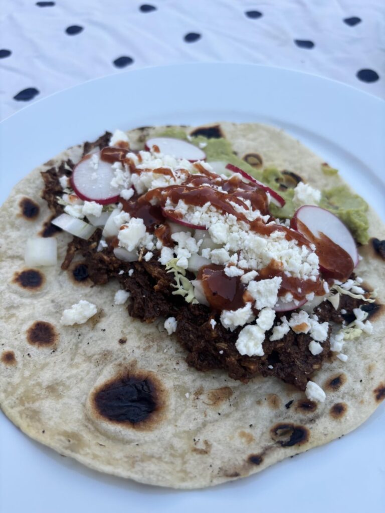 Chicken mole tacos on the back porch tonight