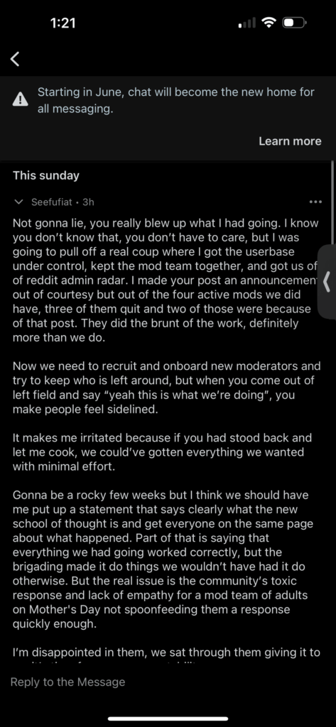 Hello everyone - I'd hate to add to this really dumb drama, but since one of our mods decided to try and throw me under a bus....here's the message thread for you all to read.  Make your own opinions.