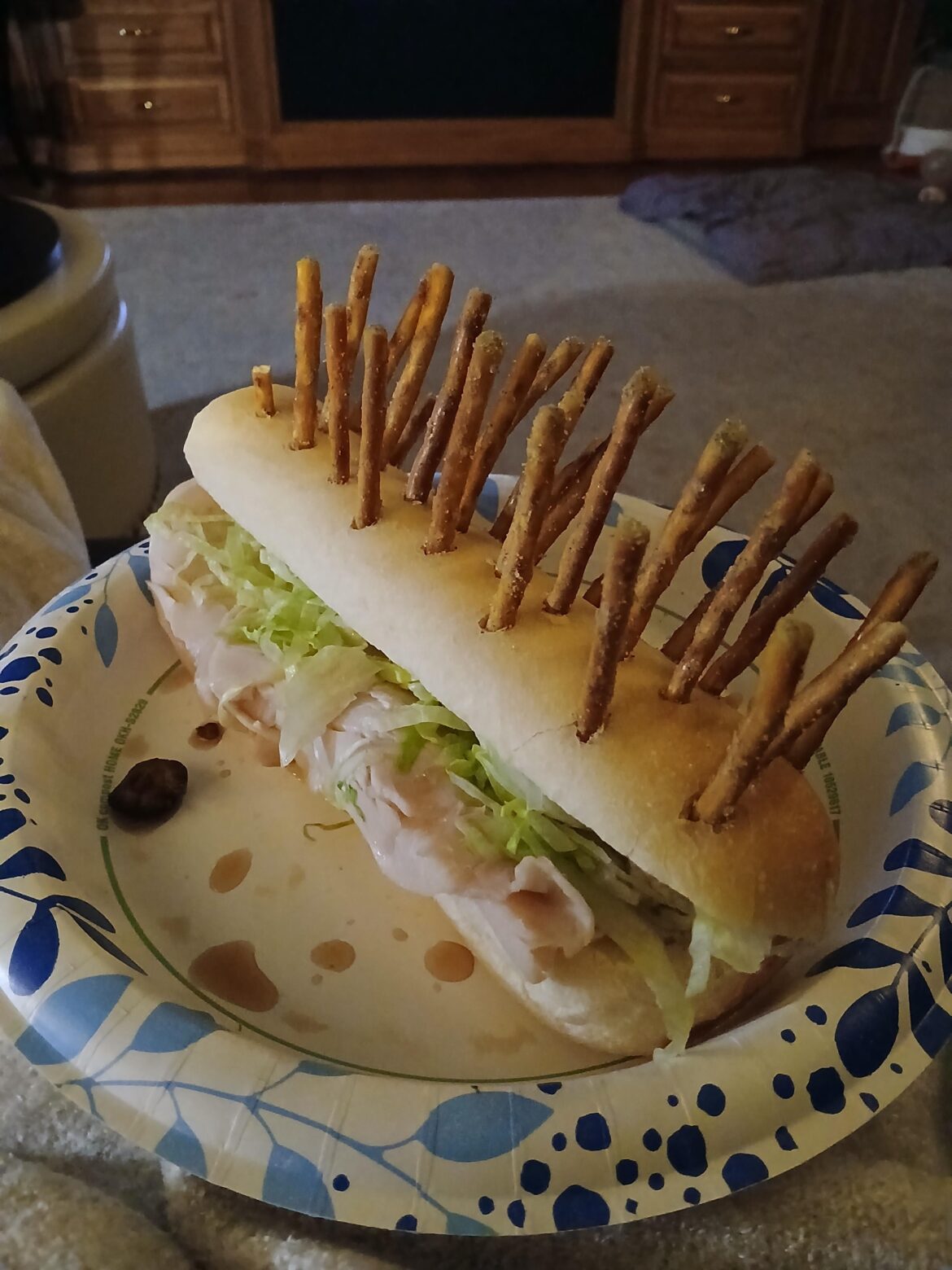 My boyfriend's family took forever to start watching a movie, so I stuck pretzels in my sandwich while I waited