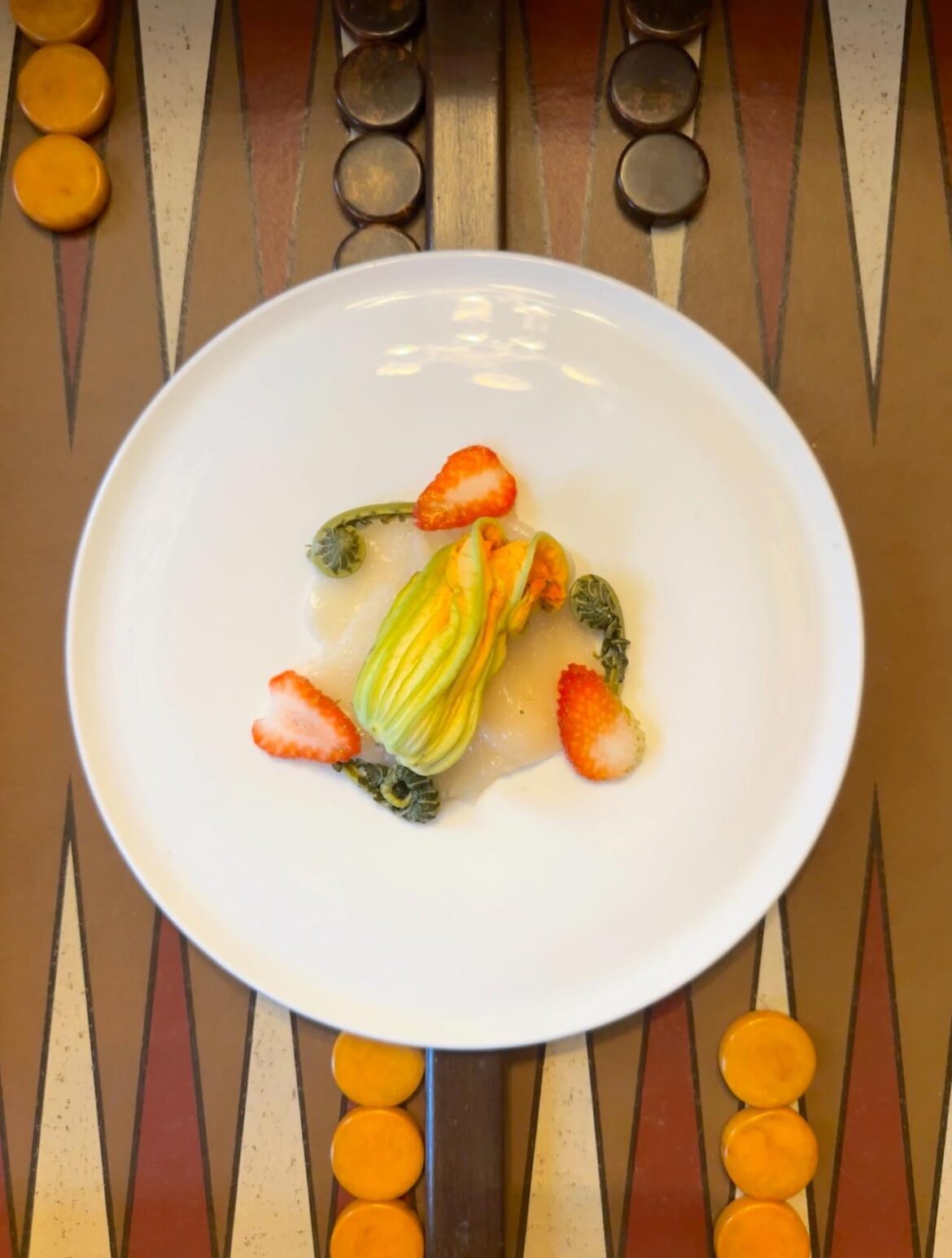 Scallop Carpaccio, White Asparagus Mousseline Filled Squash Blossom, Pickled Fiddleheads & Young Strawberries