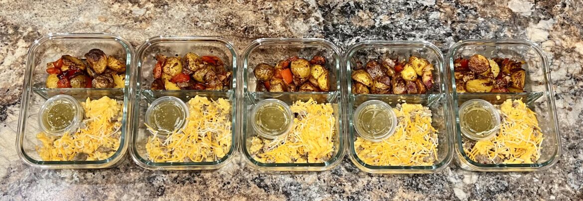 Breakfast bowls with roasted potatoes/peppers/onions