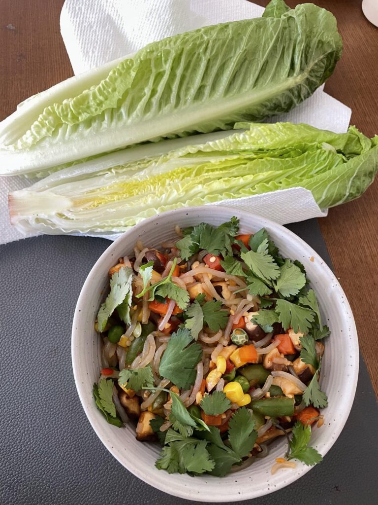 pretty standard fare for this sub, just wanted to share. shirataki chopped noodle stir fry w shiitake and mixed veggie lettuce wraps for lunch. 195cal total
