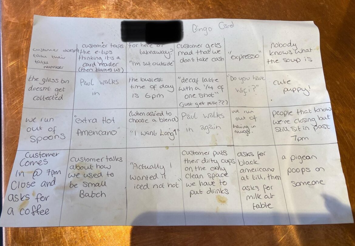 We made a bingo card for our coffee shop