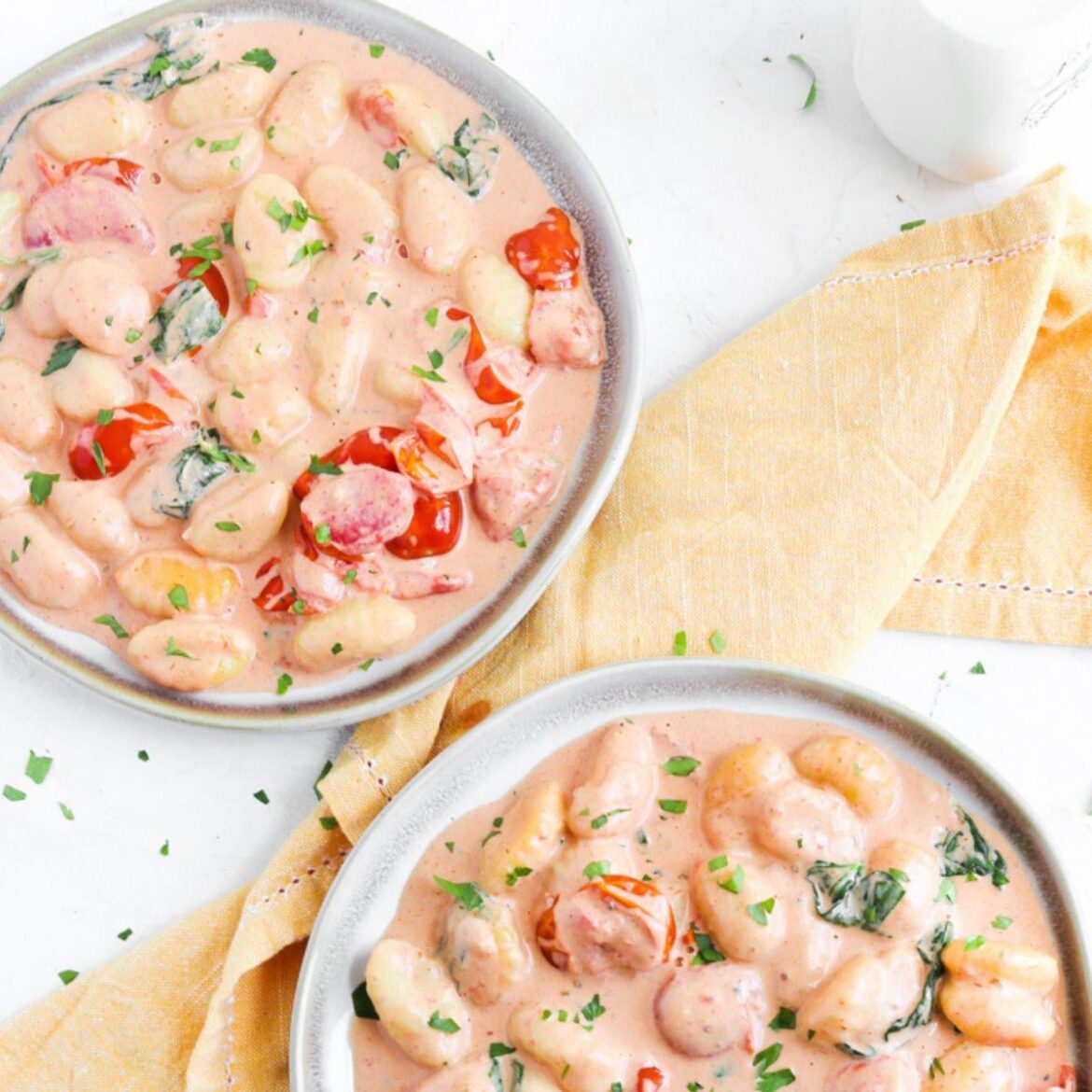 [OC] Gnocchi in a Creamy Tomato Sauce with Roasted Tomatoes and Spinach