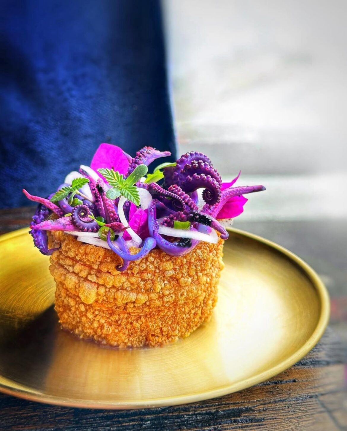 Bougainvillea & Avocado leaf pickled Baby Octopus & Squid.