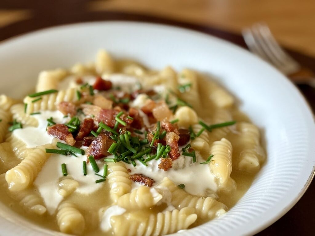 Pasta with cream of potato, brie and guanciale