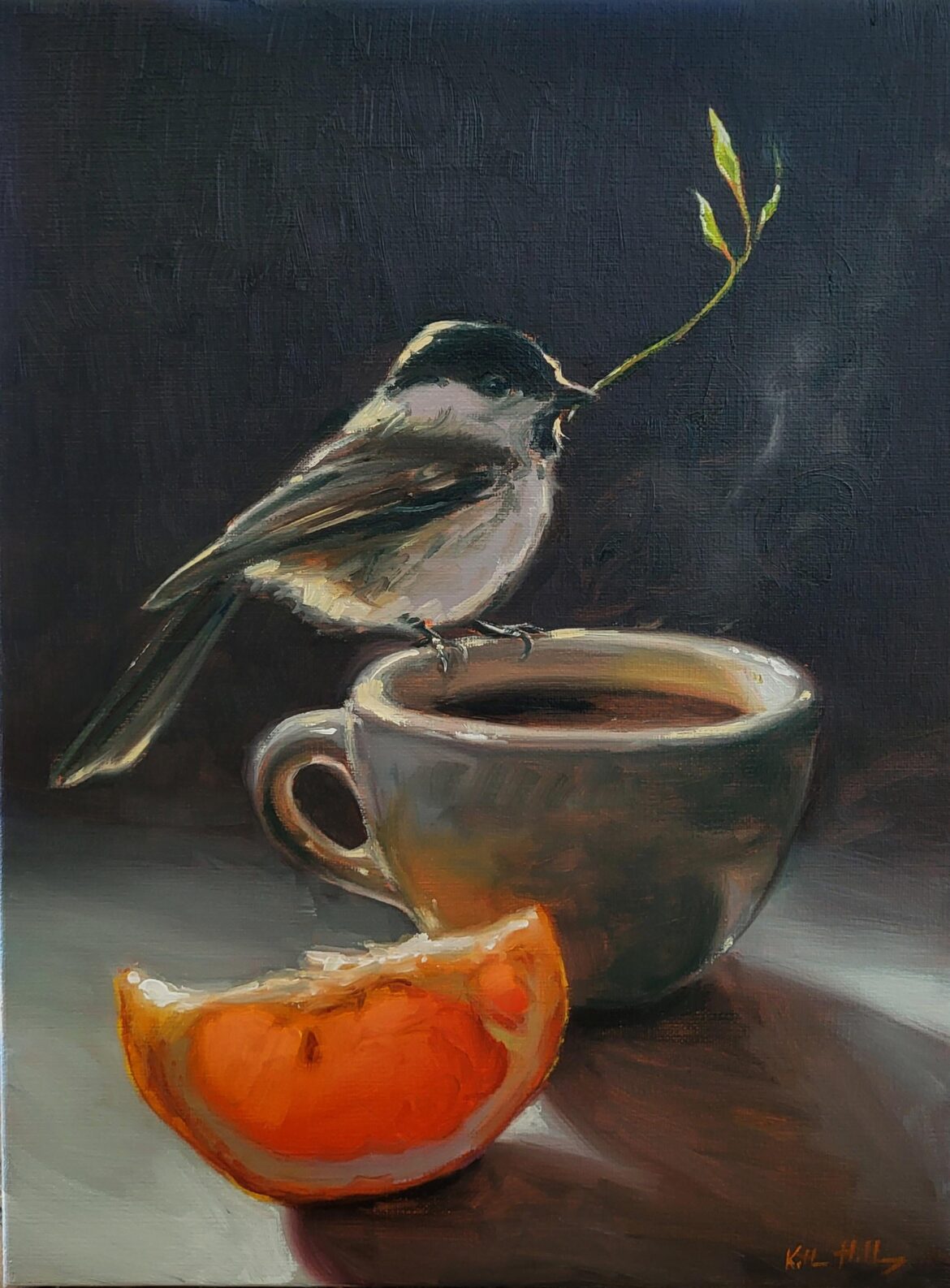 My newest painting with chickadee and coffee