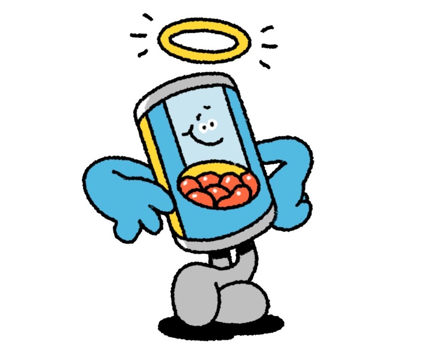 Illustration of a can of beans with a halo and arms.