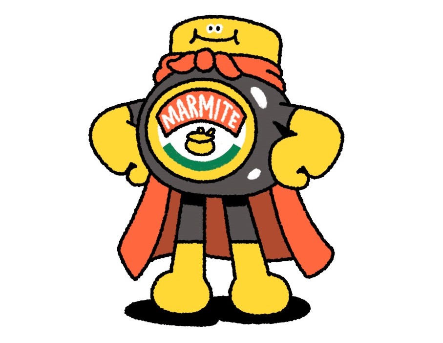 Illustration of a Marmite jar as a superhero.