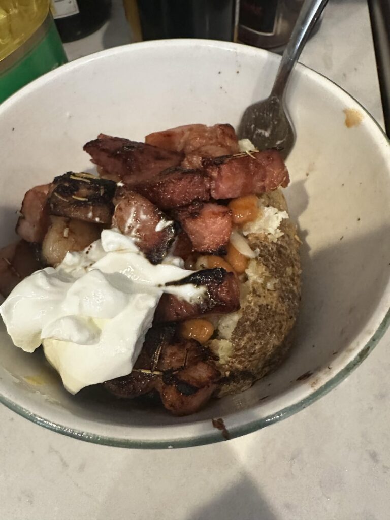 Microwave potatoes have been my struggle meal this month and my only regret is not consuming more fiber (i must shit)