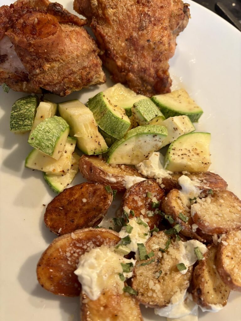 Kickin off the weekend…Oven Roasted Bone in Thighs with Red Bliss potatoes & Italian squash