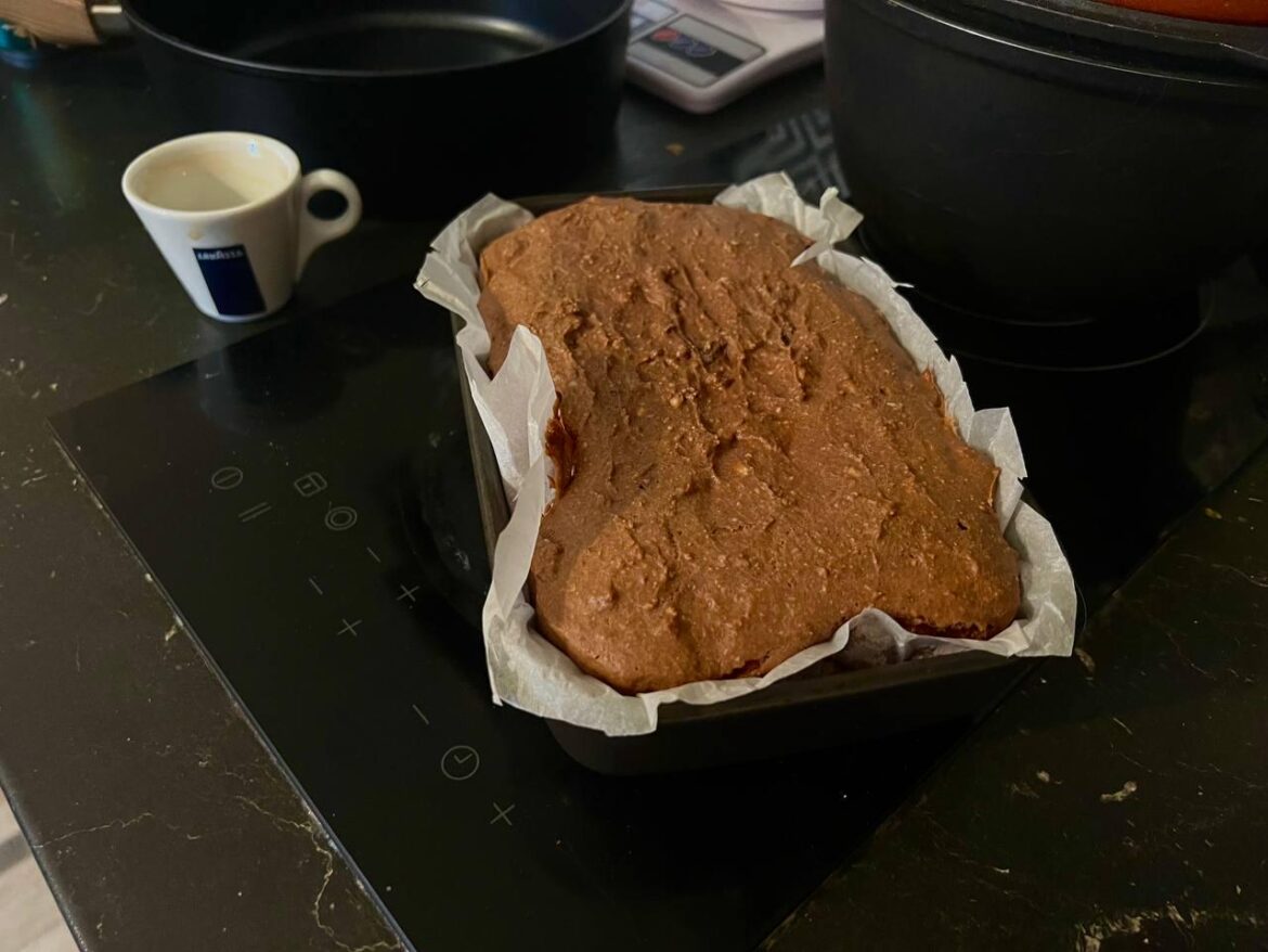 Cottage cheese casserole with dark chocolate and a cup of espresso.