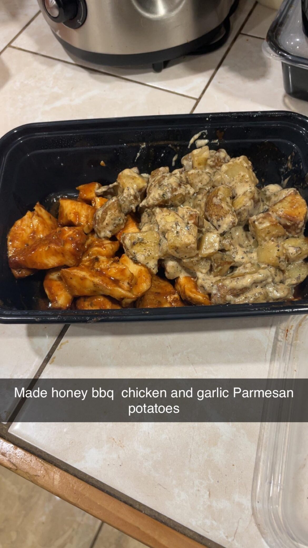 Made honey bbq chicken with garlic Parmesan potatoes