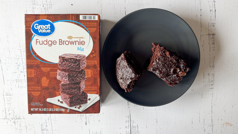 Great Value Brownie mix on white surface