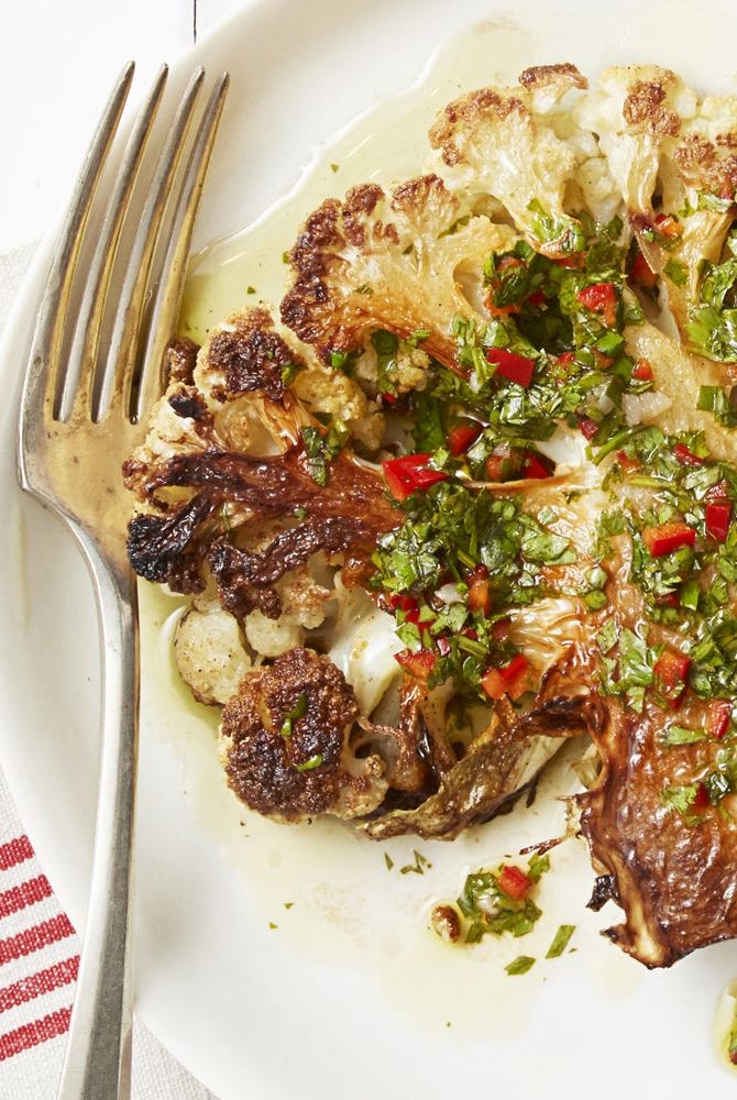 chimichurri cauliflower on a plate