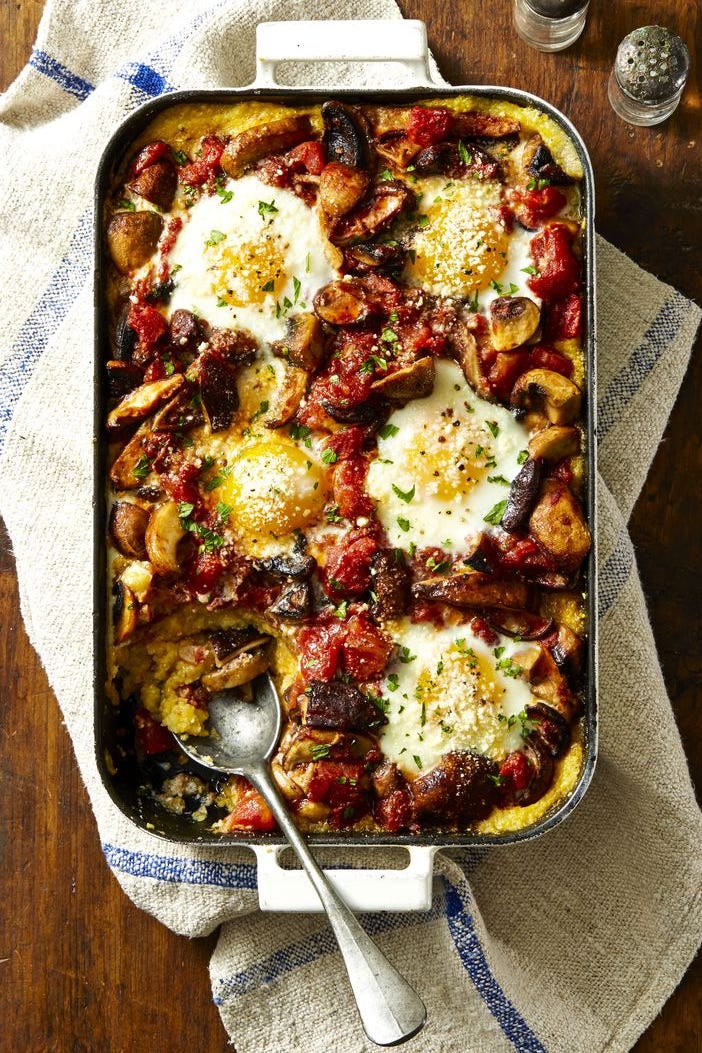 mushroom ragu and polenta egg casserole bake