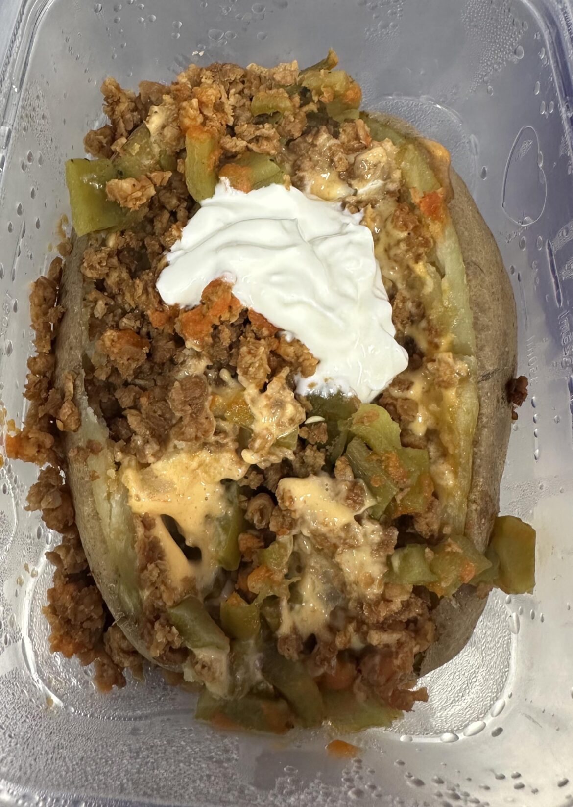 Baked potato smothered in queso w/ green chile and gardein “beef” and sour cream