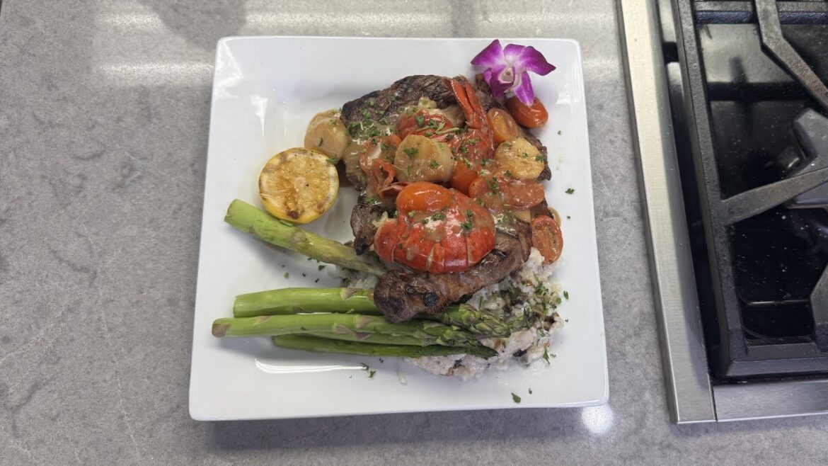 In the Kitchen: Ribeye Surf n Turf with a mushroom risotto and asparagus