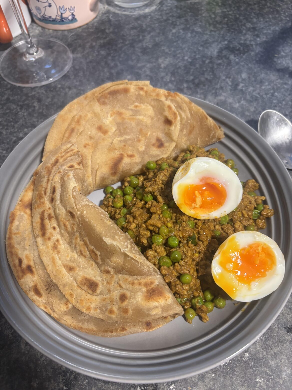 Lamb keema, paratha, soft boiled egg