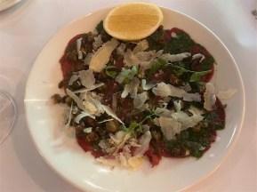 Beef carpaccio… topped off with a green salsa. Photo: Wendy Johnson