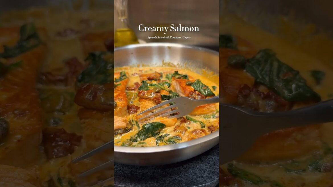 Creamy Salmon with Spinach, sun-dried tomatoes, and capers.