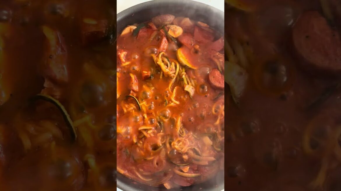 Homemade Zucchini Spaghetti with Turkey Kielbasa, Onions and Mushrooms Homemade Zucchini Spaghetti with Turkey Kielbasa, Onions and Mushrooms