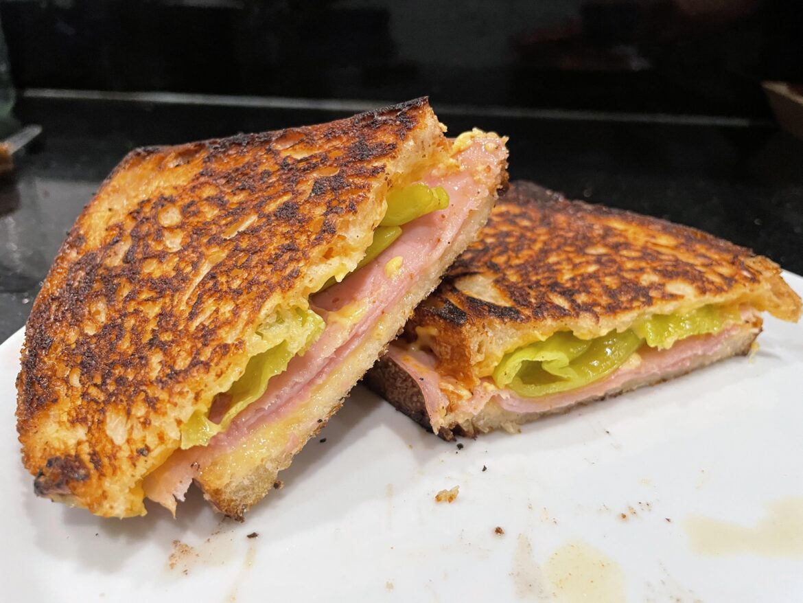 Grilled cheese with ham, pepperoncini, splash of Tabasco Family Reserve