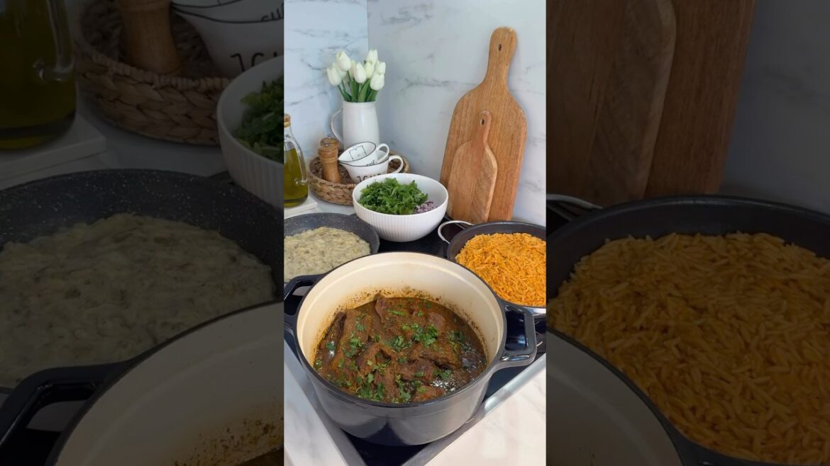 Sultans delight/Hünkar beğendi (meat stew with eggplant purée) with orzo rice and salad #ytshorts
