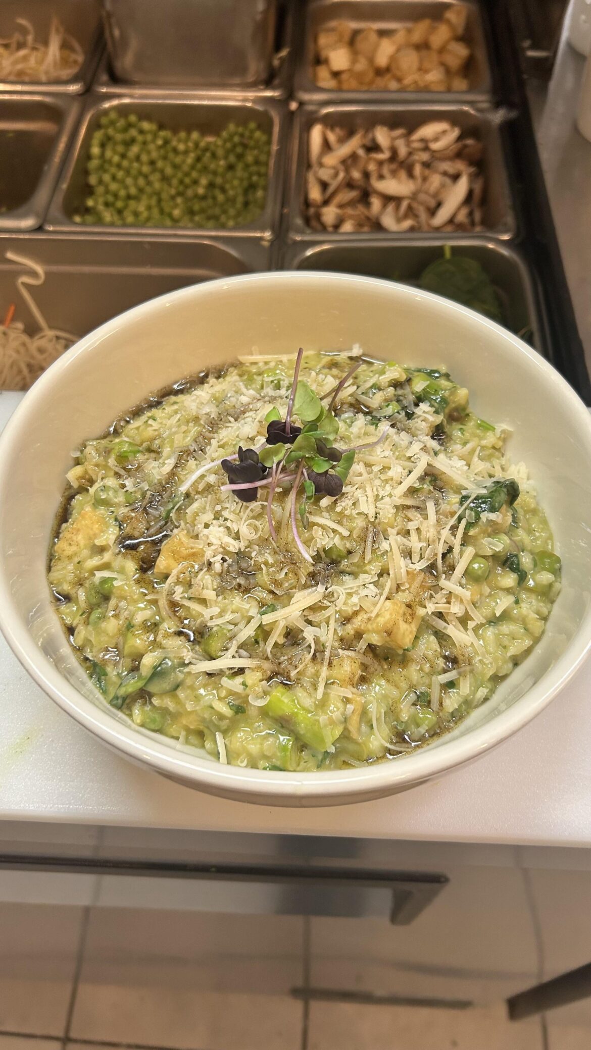 Spring pea & asparagus risotto, ash oil & herb oil