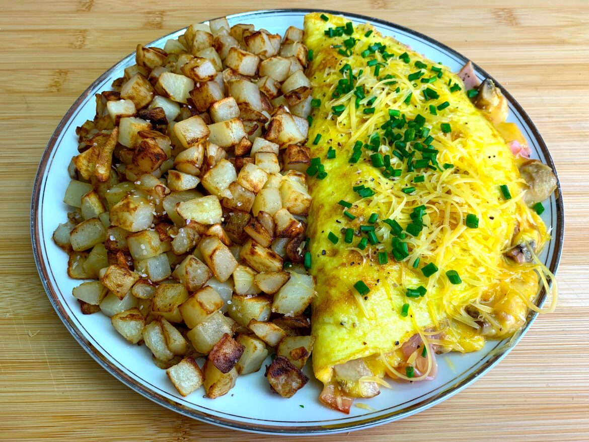 Mushroom Ham and Cheese Omelette with Home Fries